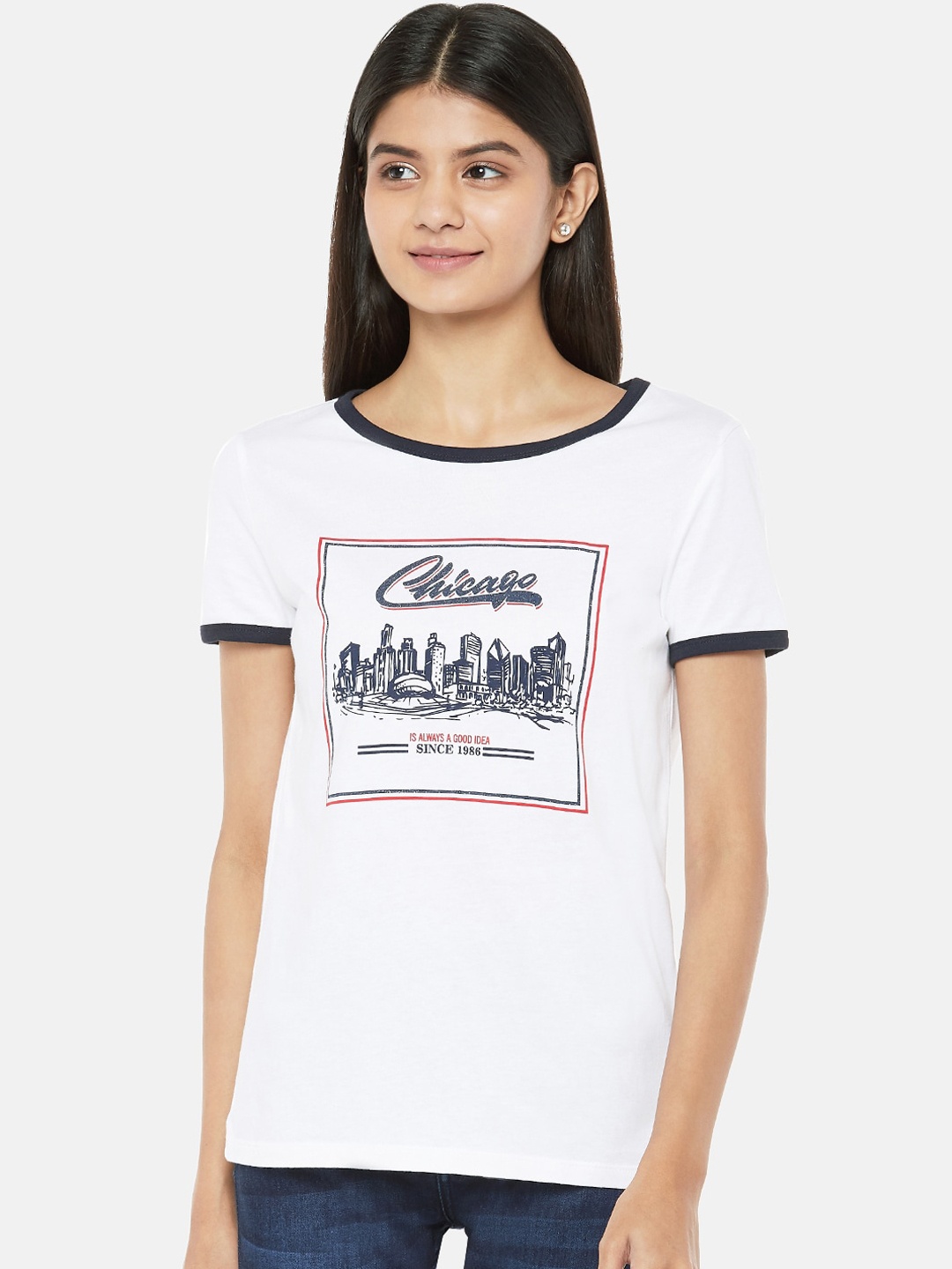 

Honey by Pantaloons Women White Printed Round Neck Pure Cotton T-shirt
