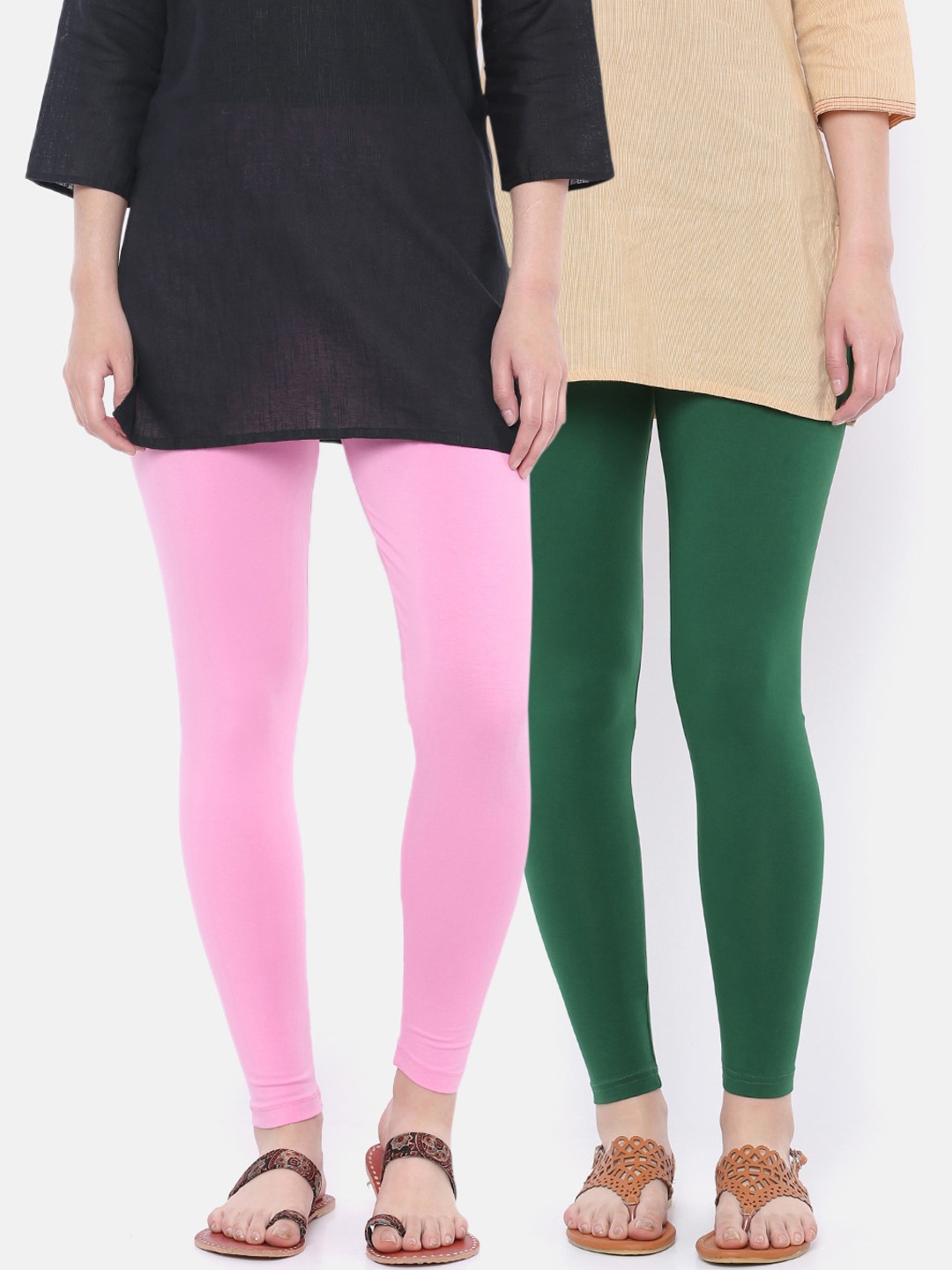 Dollar Missy Women Pack Of 2 Solid Cotton Ankle-Length Leggings, Green