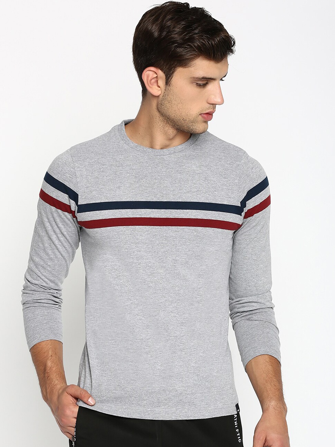 

Basics Men Grey Muscle Fit Striped Round Neck T-shirt