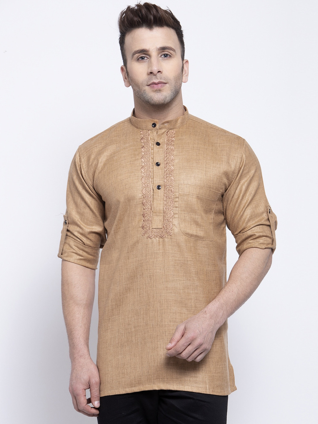 

KLOTTHE Floral Yoke Design Mandarin Collar Roll Up Sleeves Thread Work Cotton Kurta, Brown