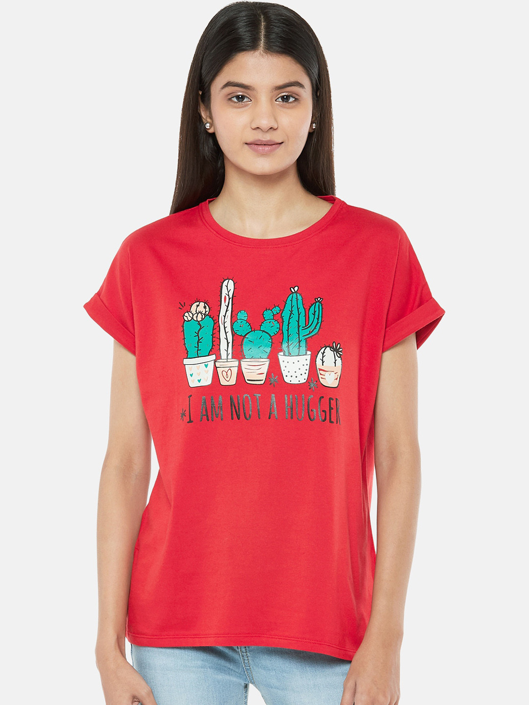 

People Women Red Printed Round Neck T-shirt