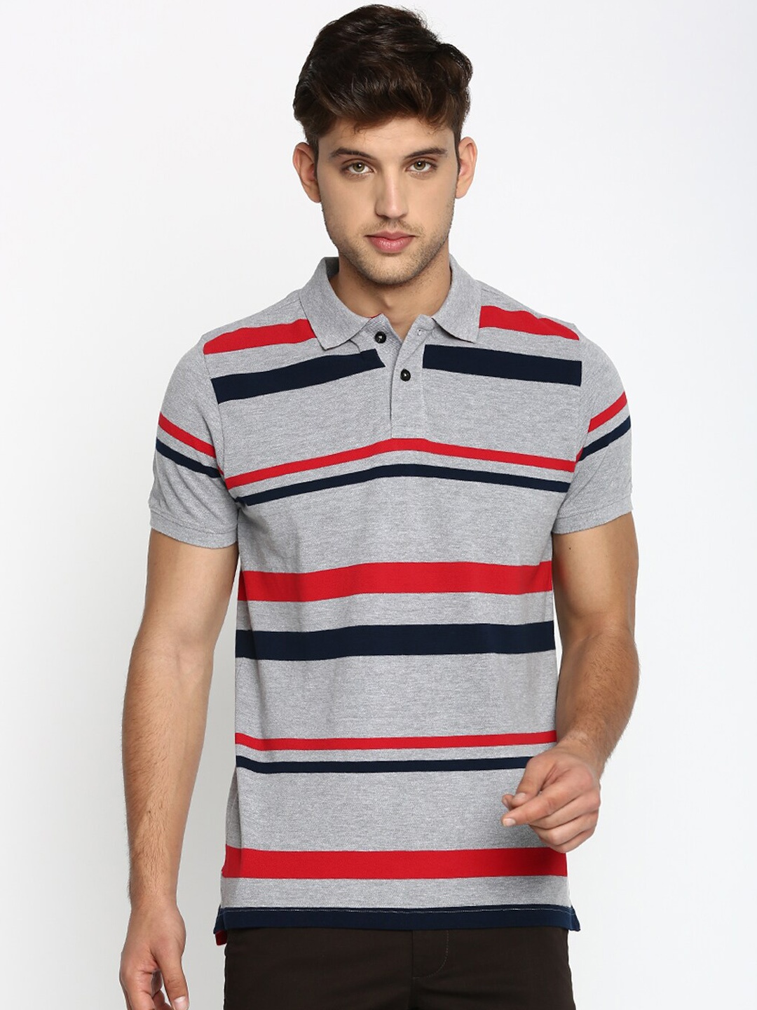 

Basics Men Grey Striped Polo Collar T-shirt