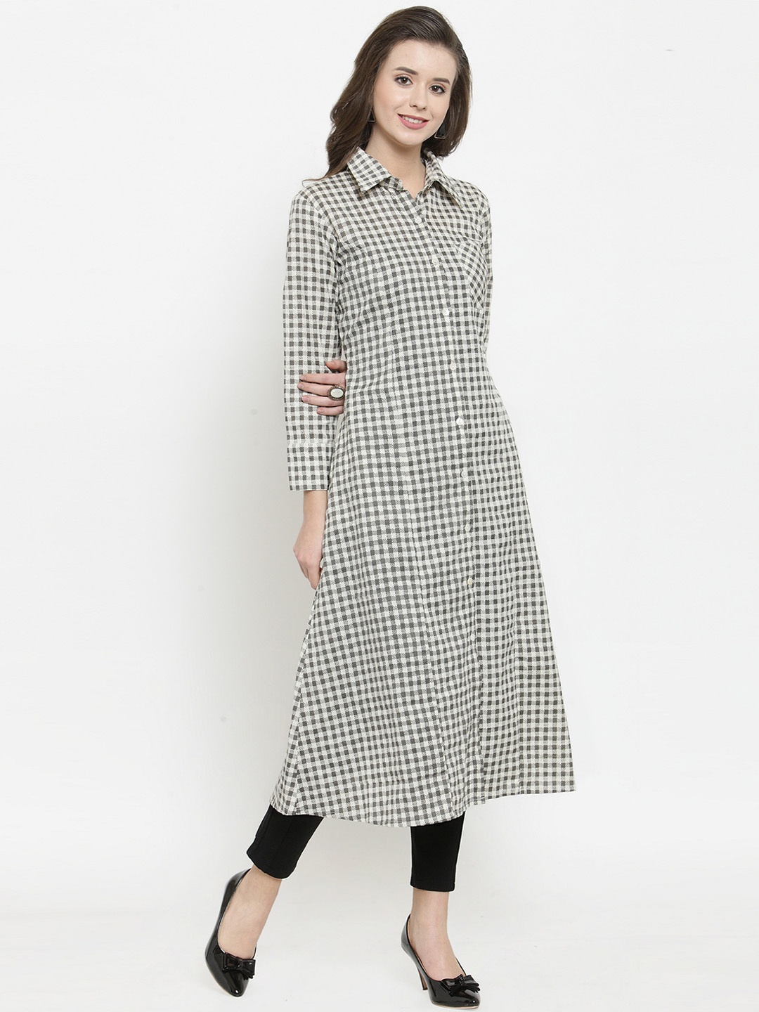 Get Glamr Women White & Grey Checked Khadi Cotton A Line Kurta