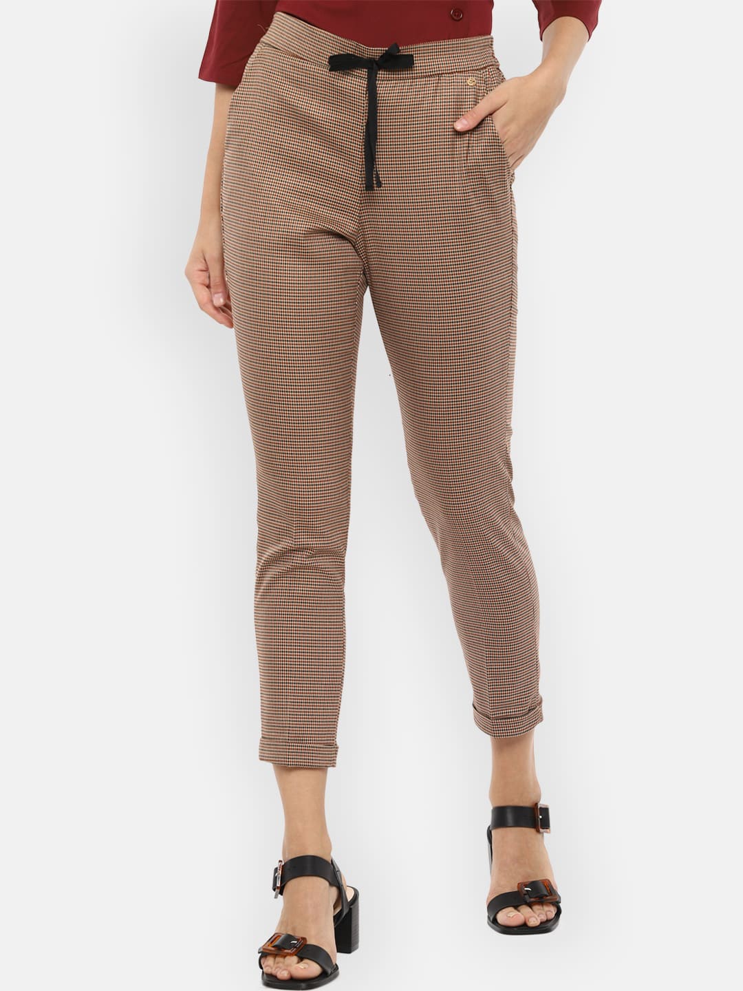

Van Heusen Woman Women Beige Slim Fit Checked Regular Trousers