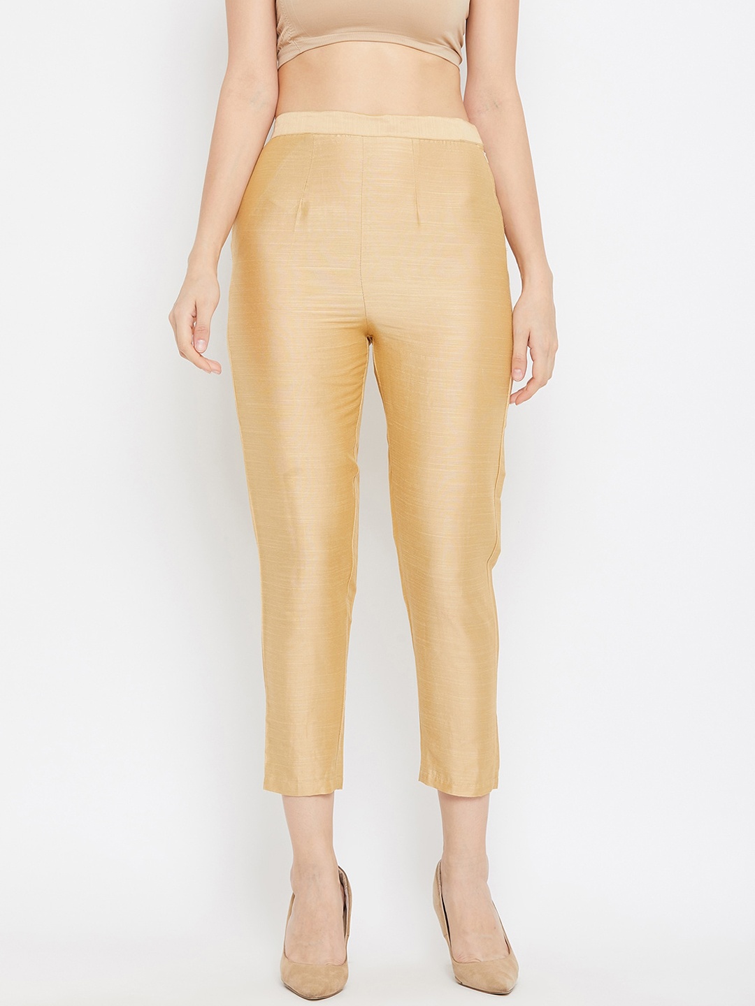 

Clora Creation Women Beige Solid Silk Cigarette Trousers