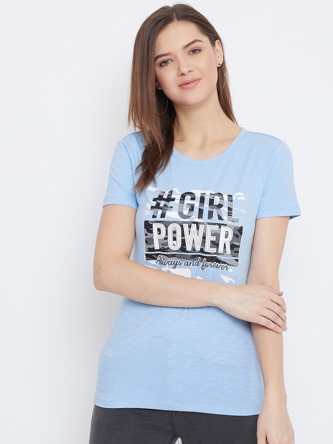 

Bishop Cotton Women Blue Printed Round Neck T-shirt
