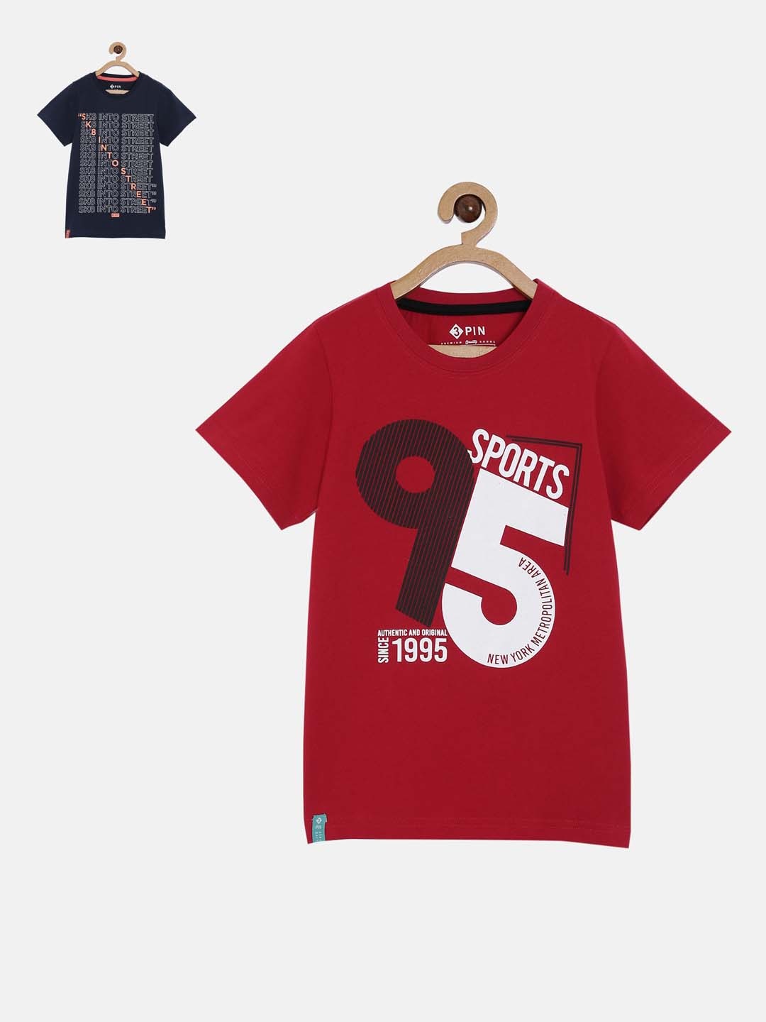 

3PIN Boys Pack of 2 Printed Round Neck T-shirt, Navy blue