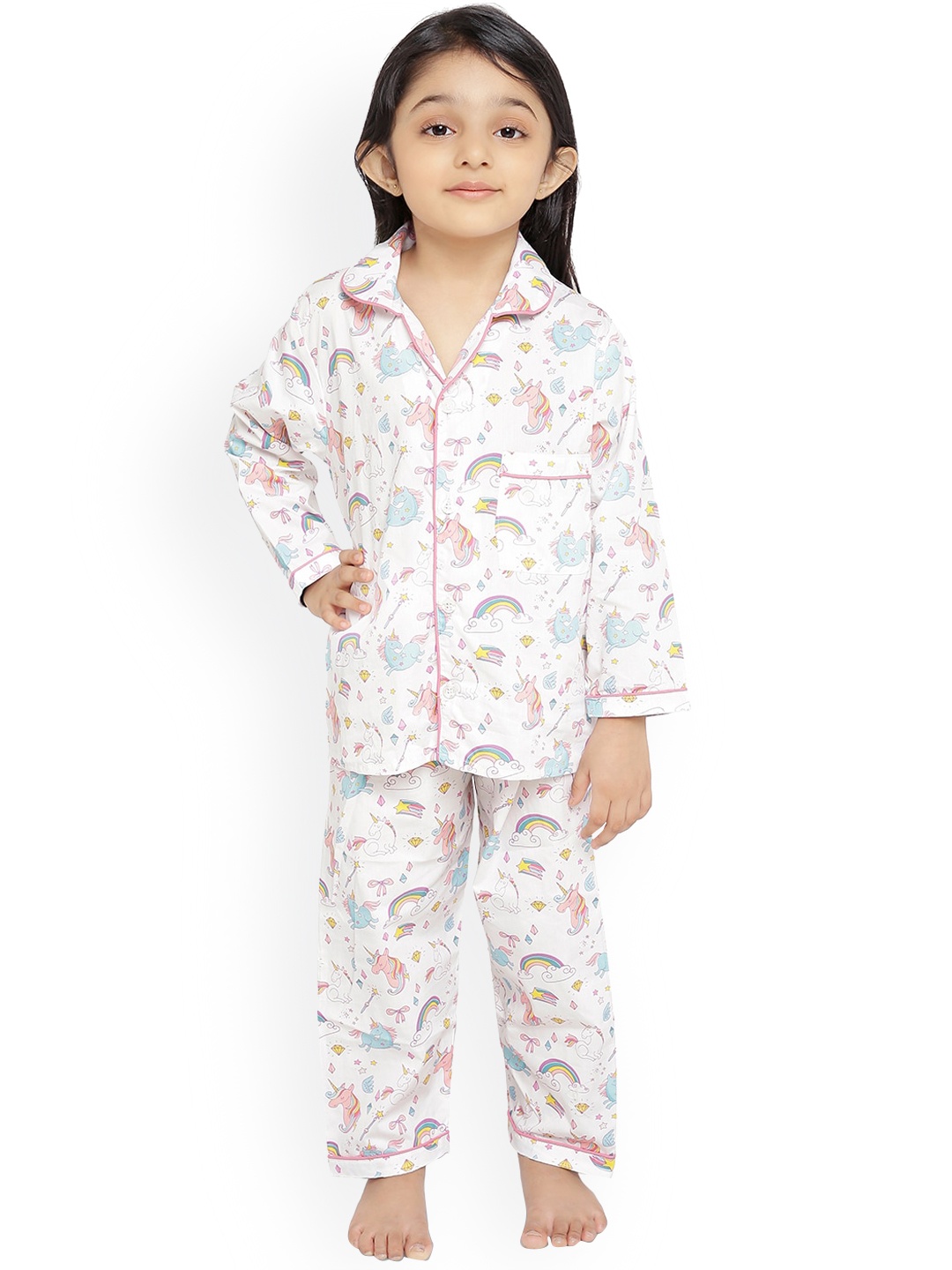 

Knitting Doodles Kids White & Pink Printed Cotton Night Suit