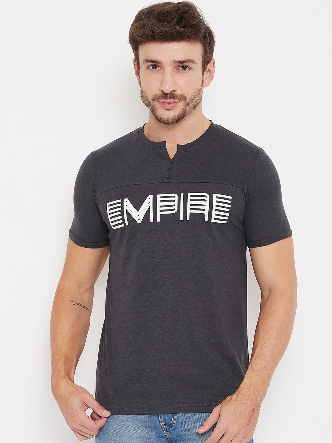 

Bishop Cotton Men Charcoal Colourblocked Henley Neck T-shirt