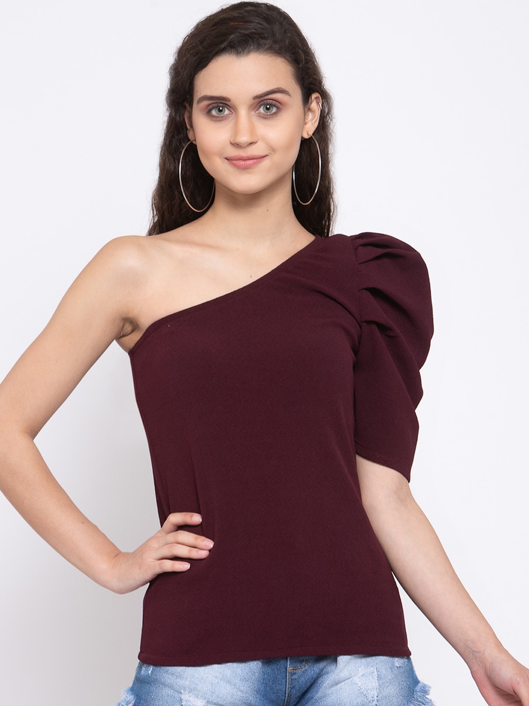 

Zastraa Maroon One Shoulder Puff Sleeves Fitted Top