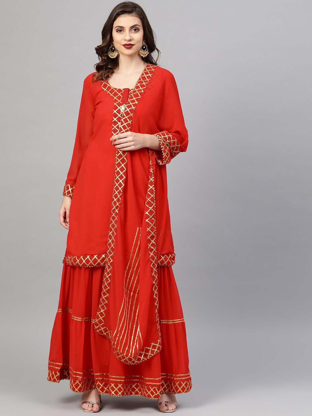 

Chhabra 555 Women Red Embroidered Kurta with Sharara & Dupatta