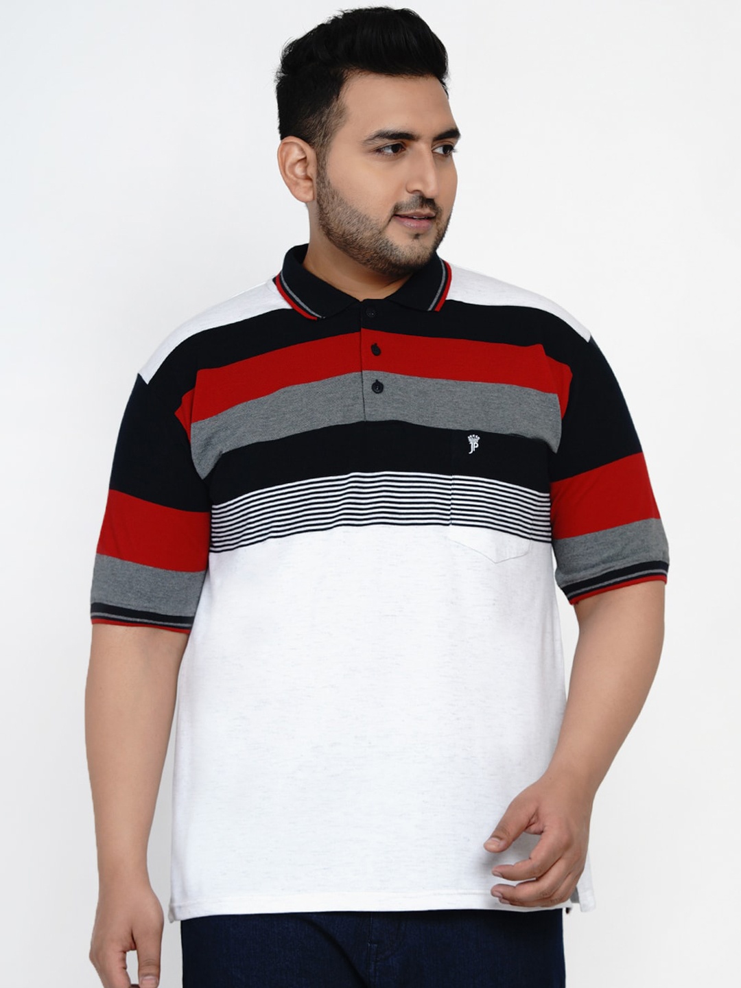 

John Pride Men White Striped Polo Collar Pure Cotton T-shirt