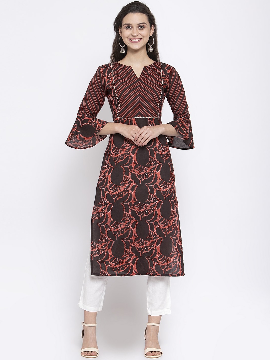 Indibelle Women Coffee Brown Printed Flared Sleeves Kurta