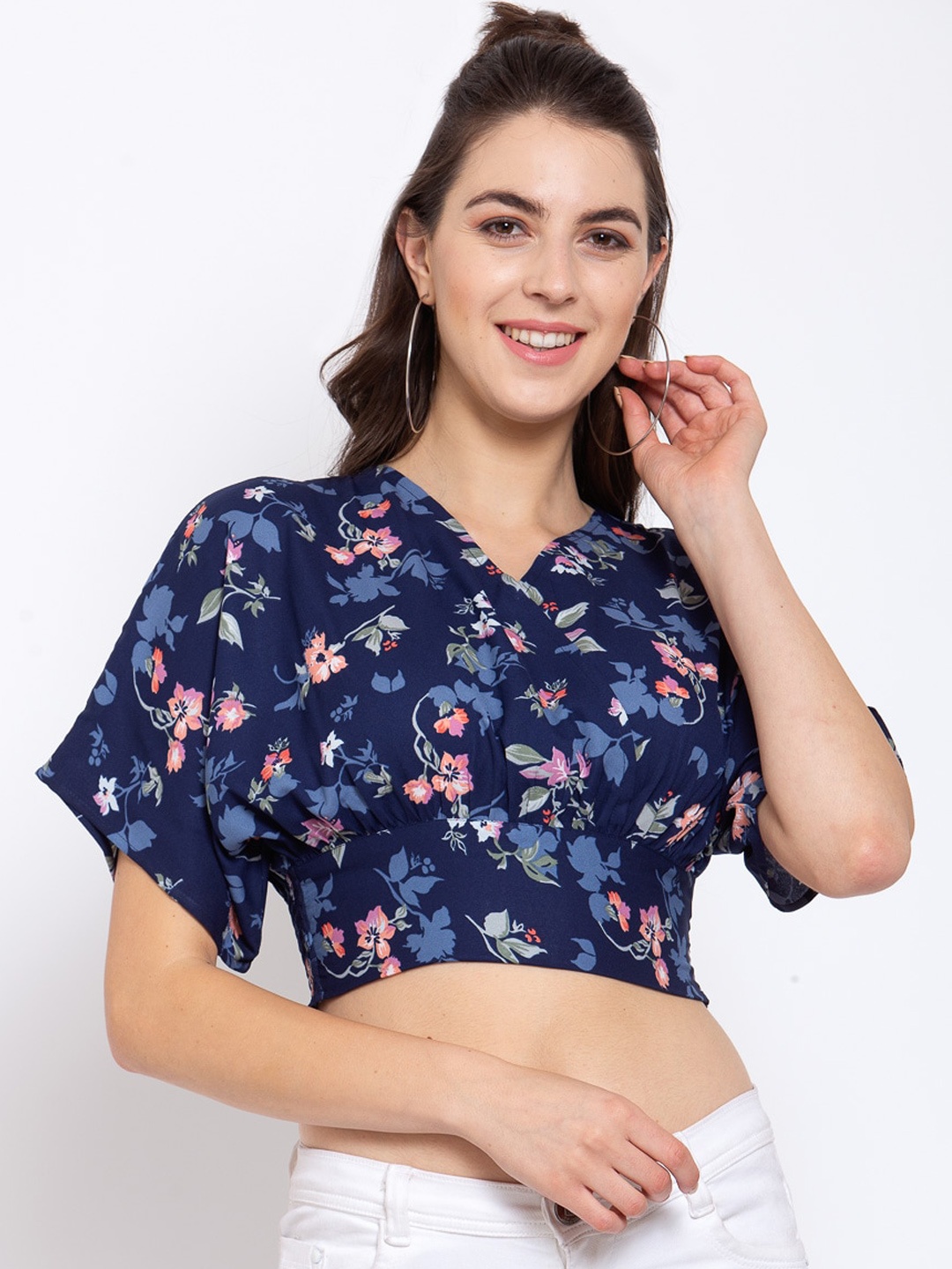 

Style Quotient Navy Blue & Pink Floral Printed Crepe Blouson Crop Top