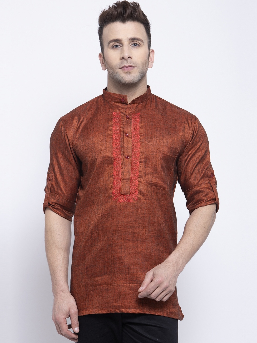 KLOTTHE Men Thread Work Kurta, Rust