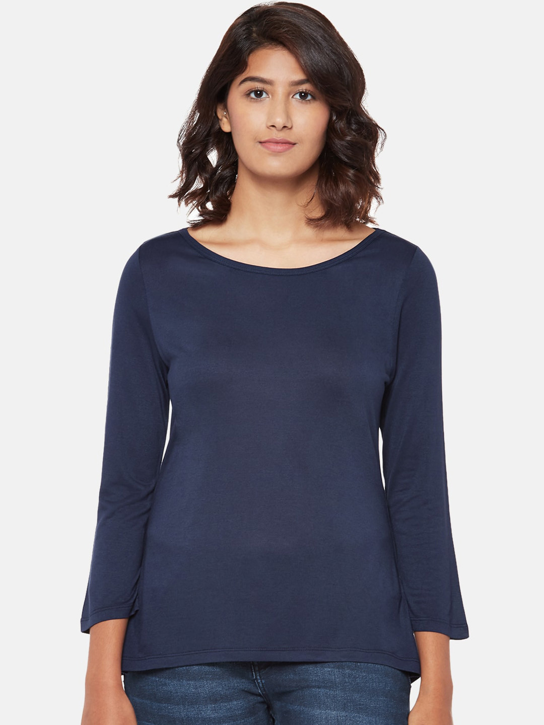 

People Women Navy Blue Solid Boat Neck T-shirt
