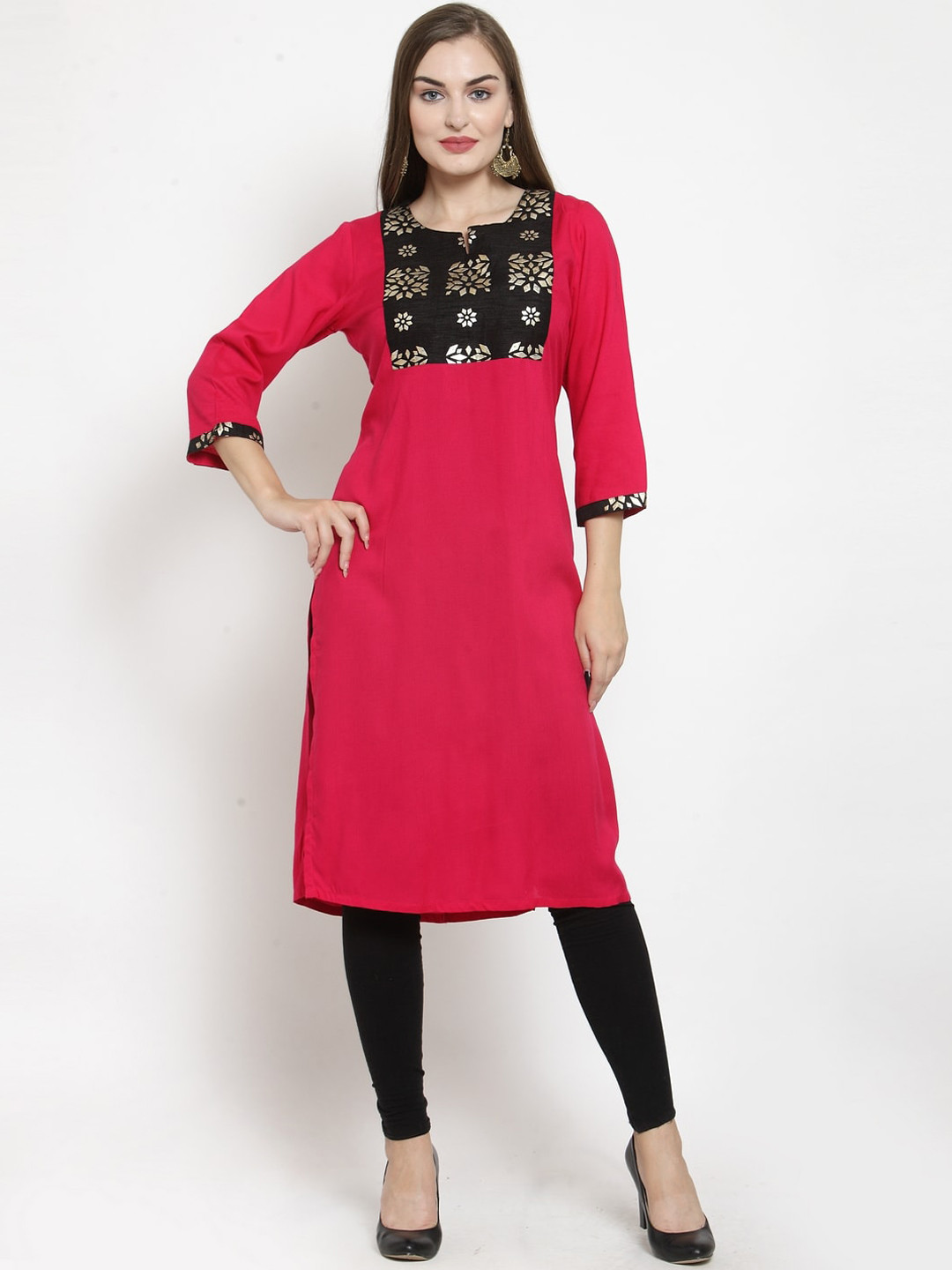 

Purple State Women Pink & Black Yoke Design Kurta with Churidar