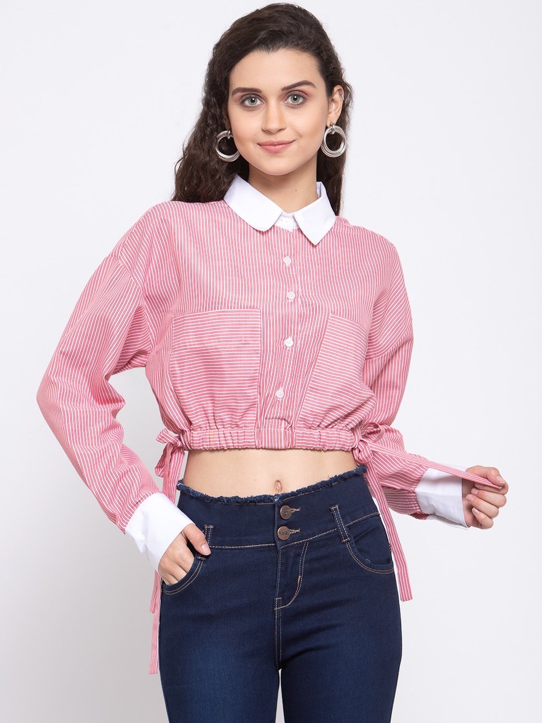 

Zastraa Women Pink & White Slim Fit Striped Casual Crop Shirt