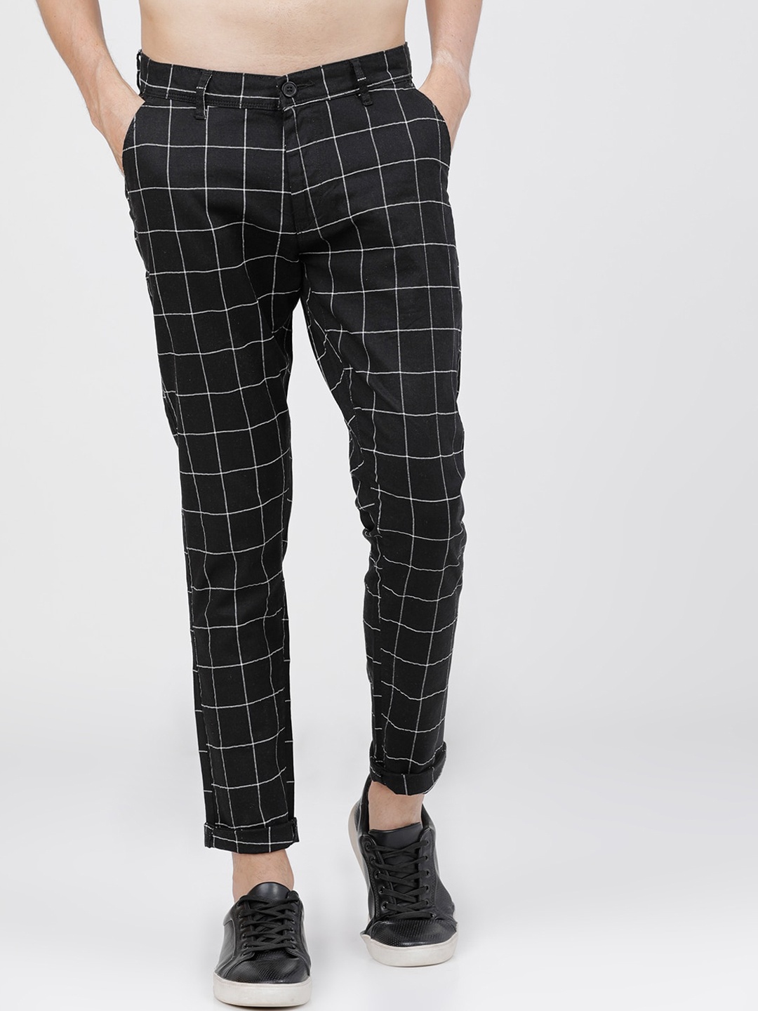 

HIGHLANDER Men Black Slim Fit Checked Cotton Linen Regular Trousers