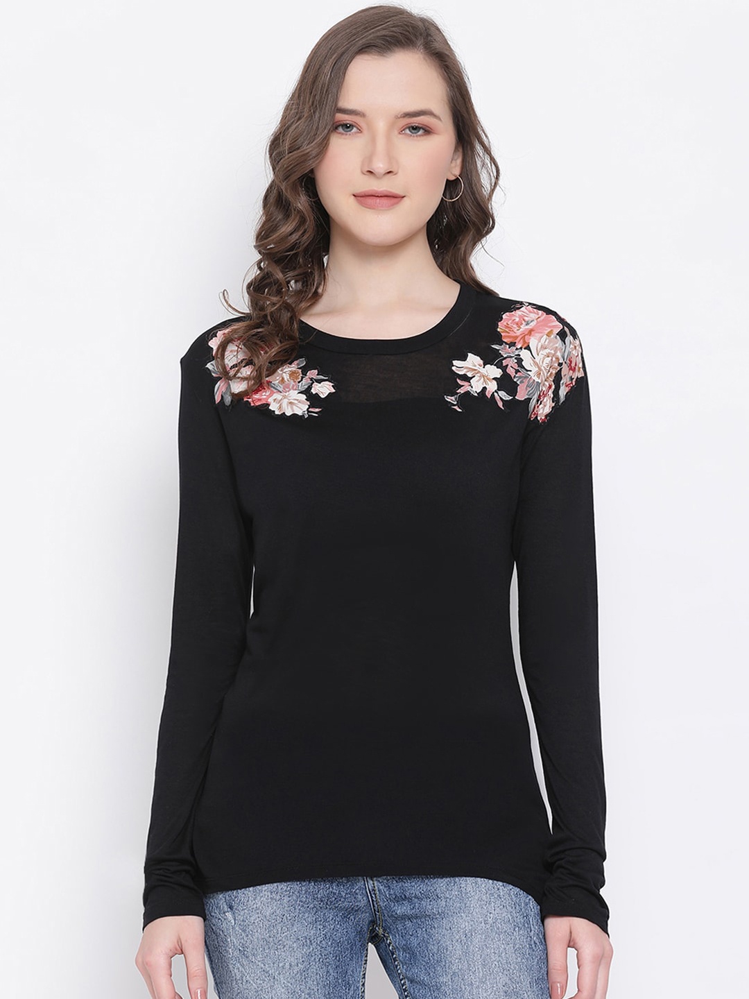 

LY2 Black & Pink Floral Printed Regular Top