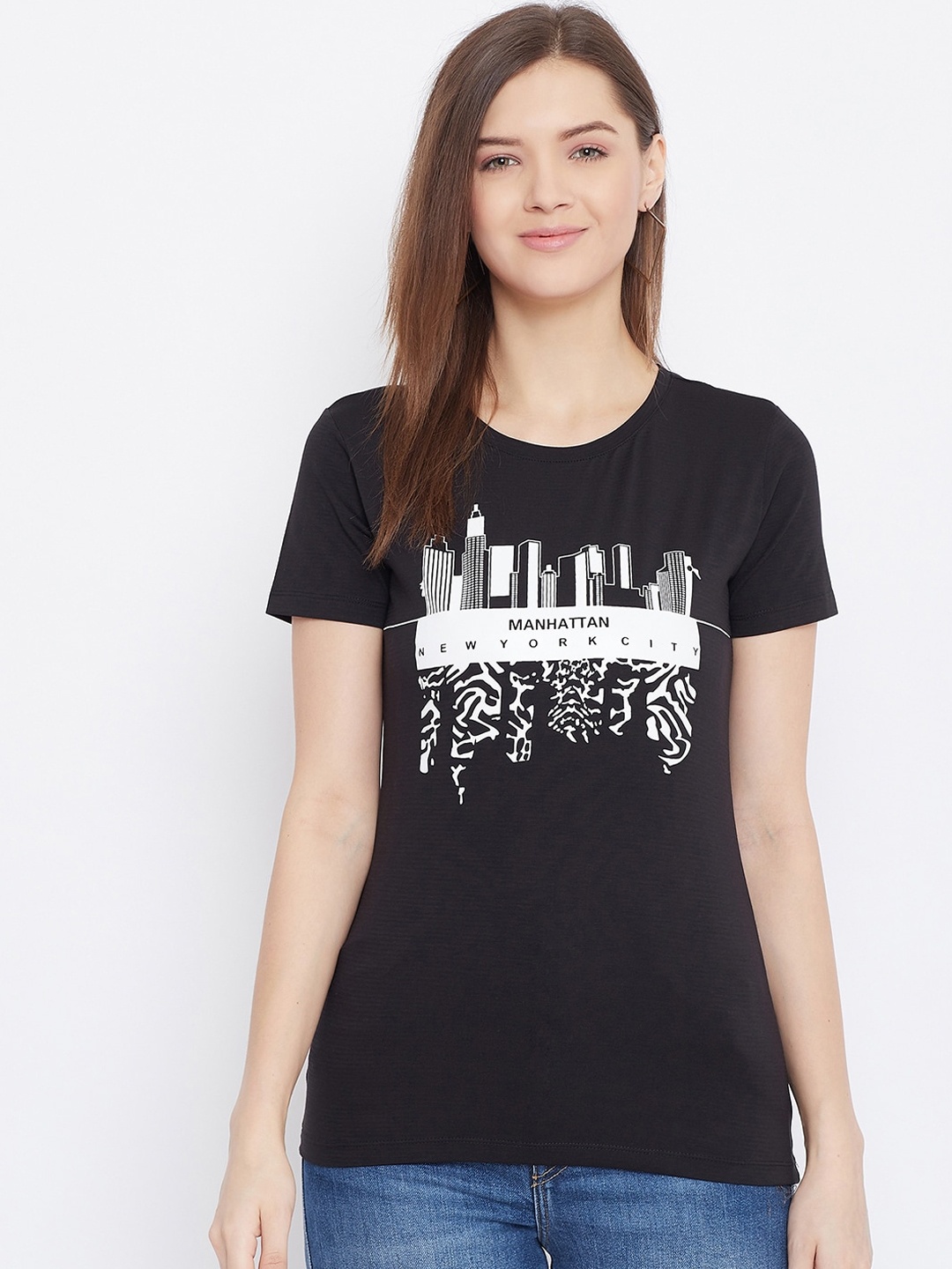 Bishop Cotton Women Black Printed Round Neck T-shirt