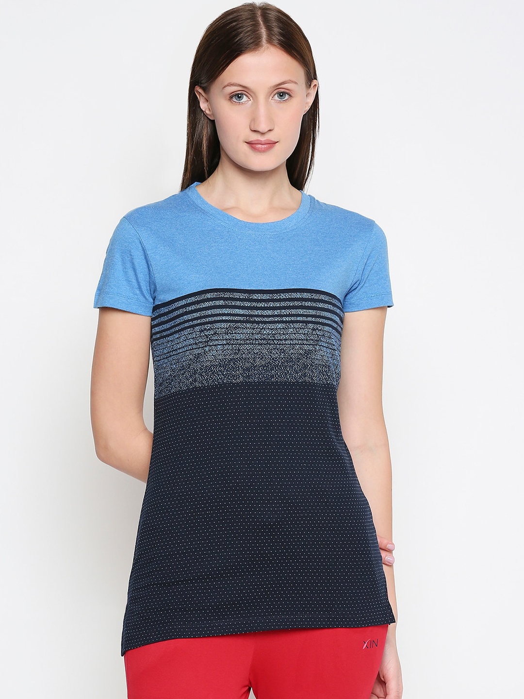 

XIN Women Blue Striped Round Neck T-shirt