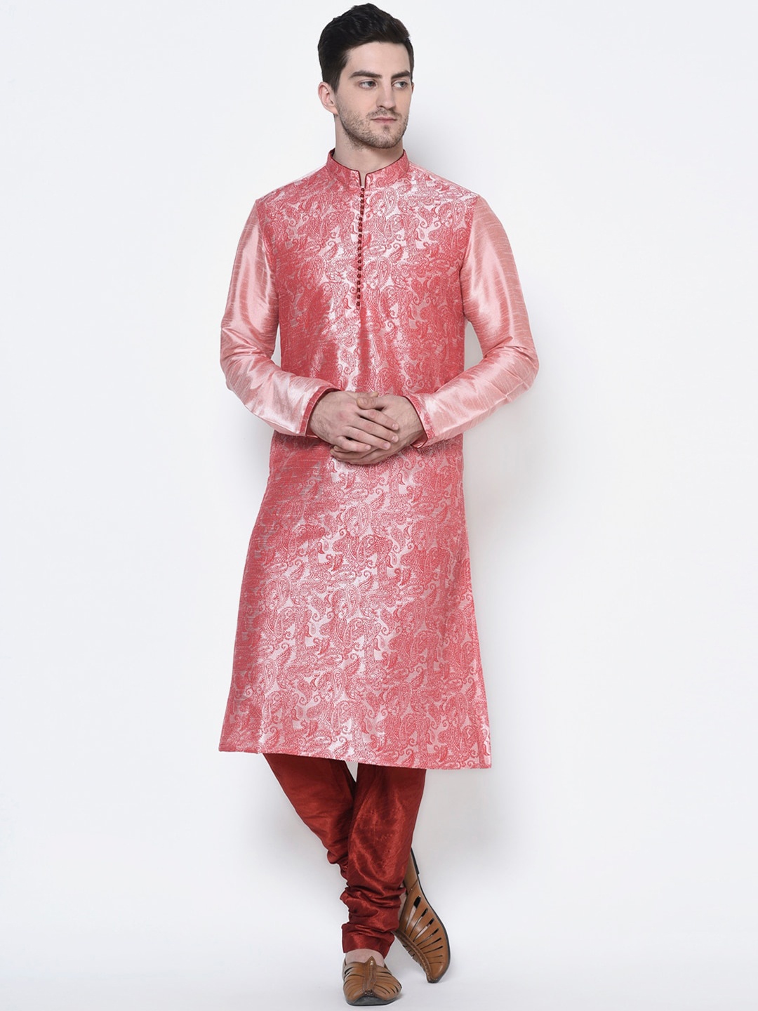 

DEYANN Men Pink & Silver-Toned Paisley Kurta