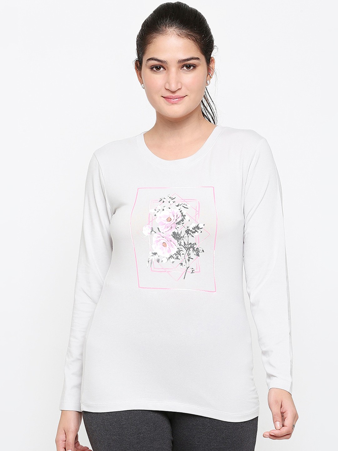 

XIN Women Grey Printed Round Neck Cotton T-shirt