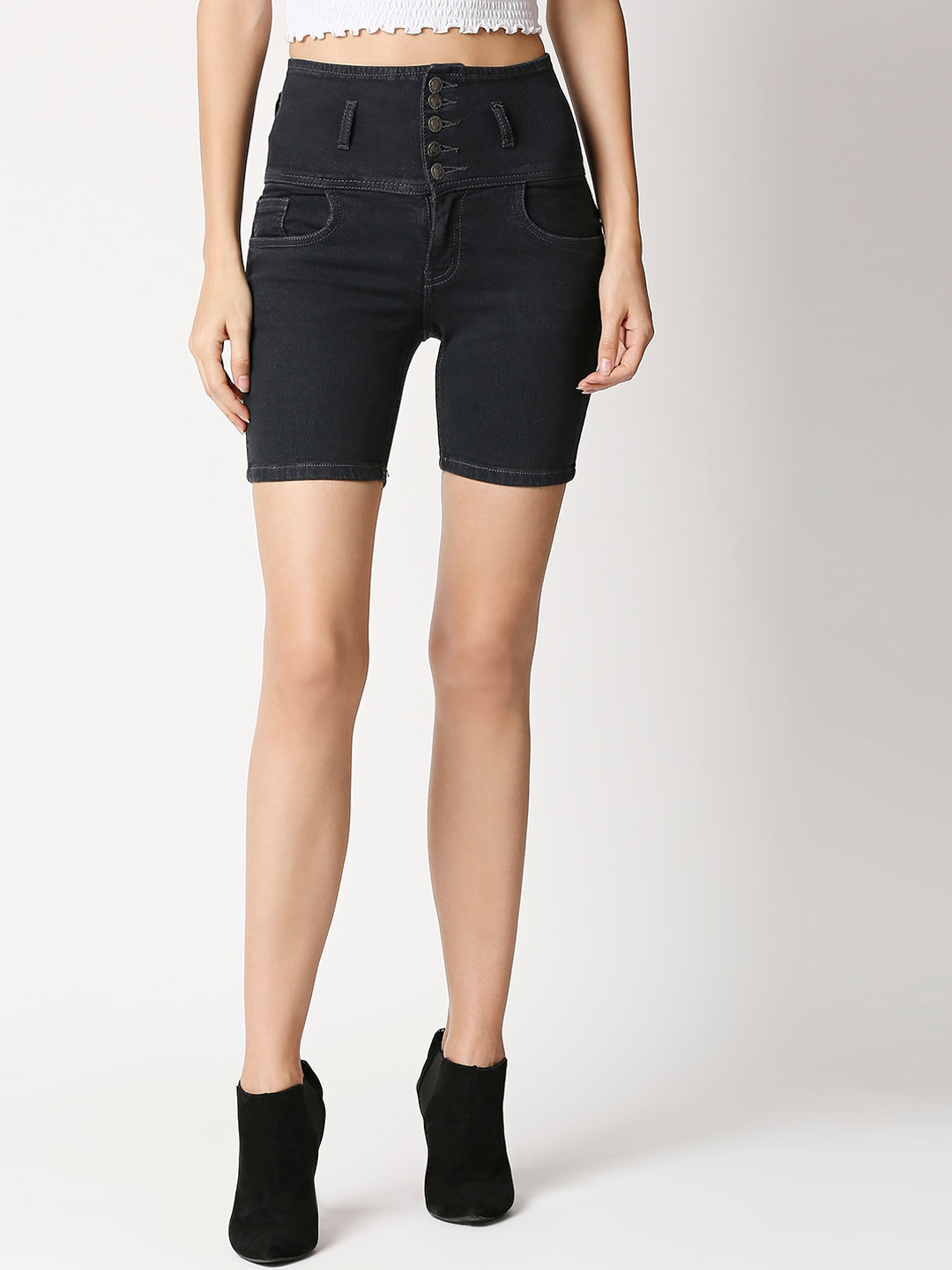 

High Star Women Grey Solid Slim Fit Denim Stretchable Shorts