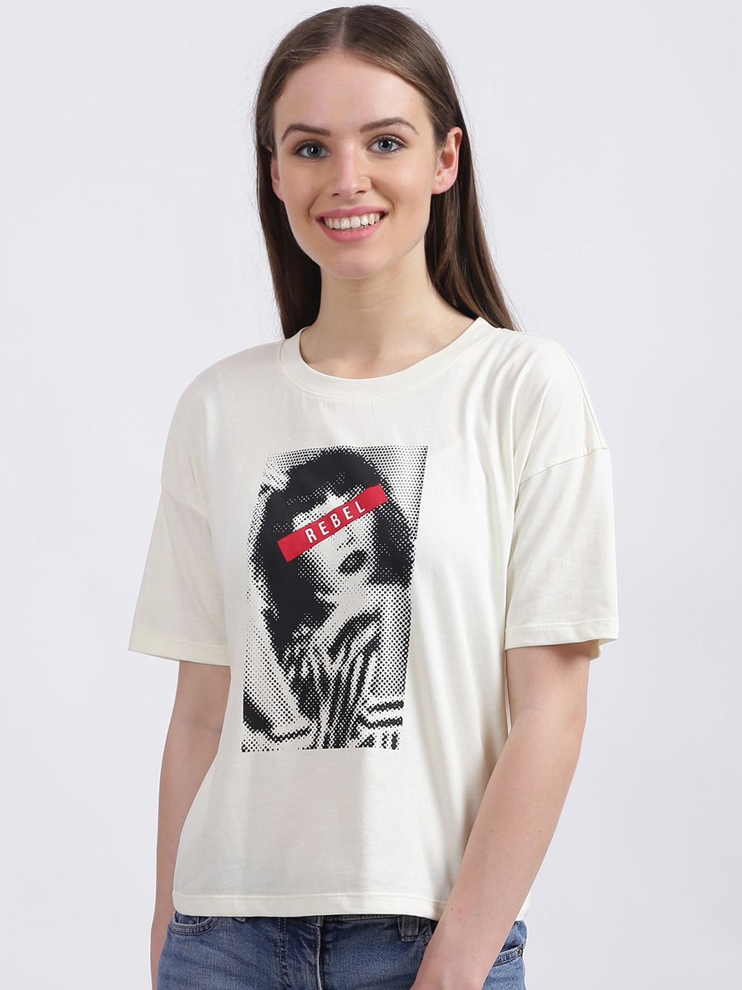 

Zink London Women White Grey Printed Round Neck Cotton Pure Cotton T-shirt