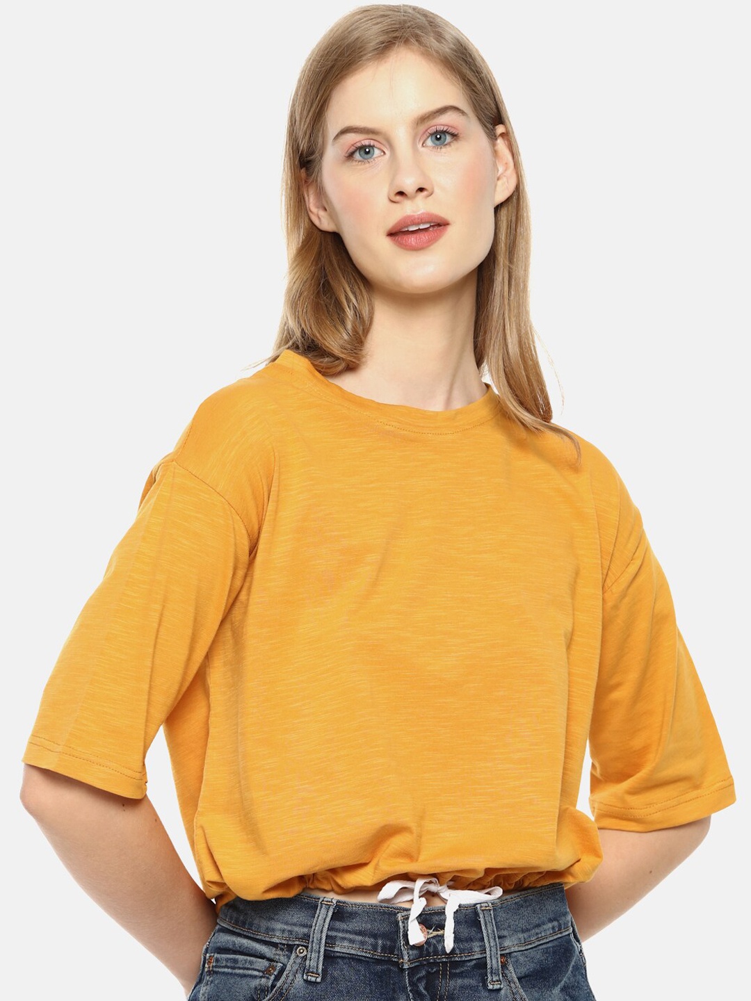 

Campus Sutra Mustard Yellow Solid Pure Cotton Blouson Top