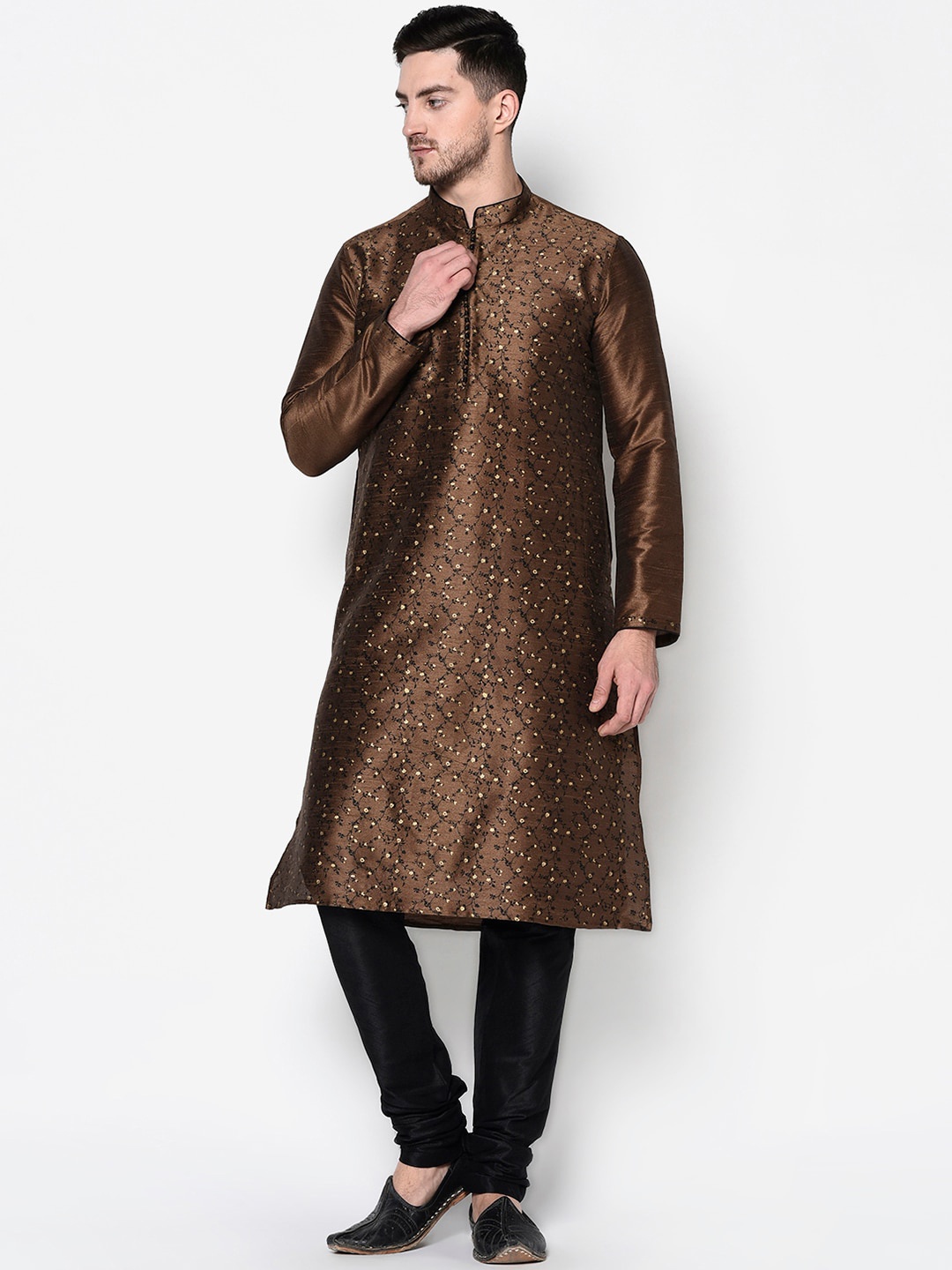 

DEYANN Men Brown Floral Printed Kurta
