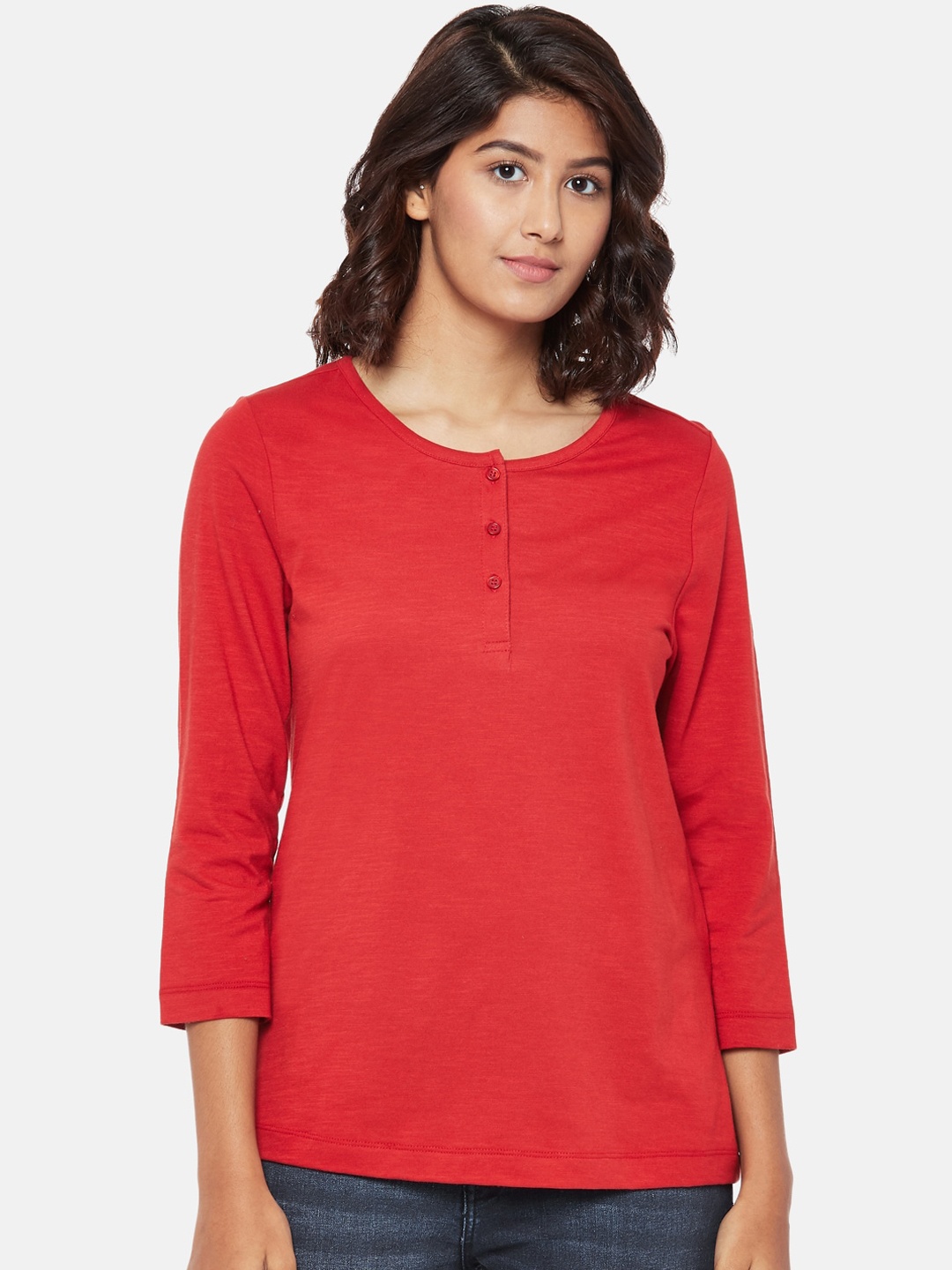 

People Women Red Solid Henley Neck T-shirt