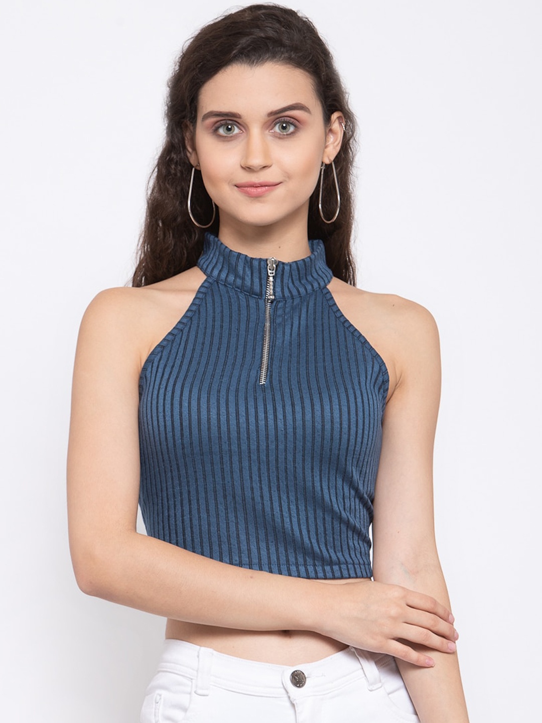 

Zastraa Navy Blue Striped Fitted Crop Top