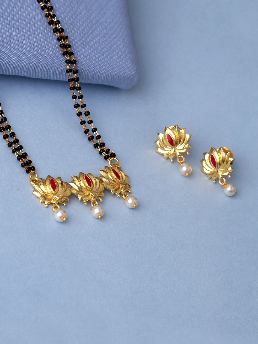 

Voylla Maroon & Black Gold-Plated Beaded Mangalsutra With Earrings
