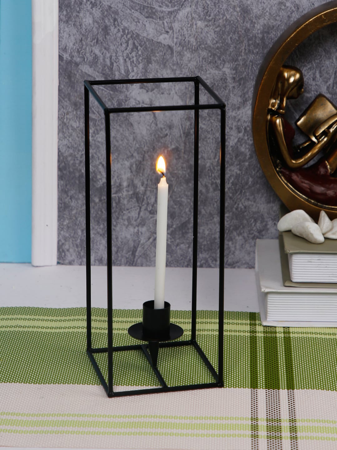 

Aapno Rajasthan Black Solid Cuboidal Candle Holder