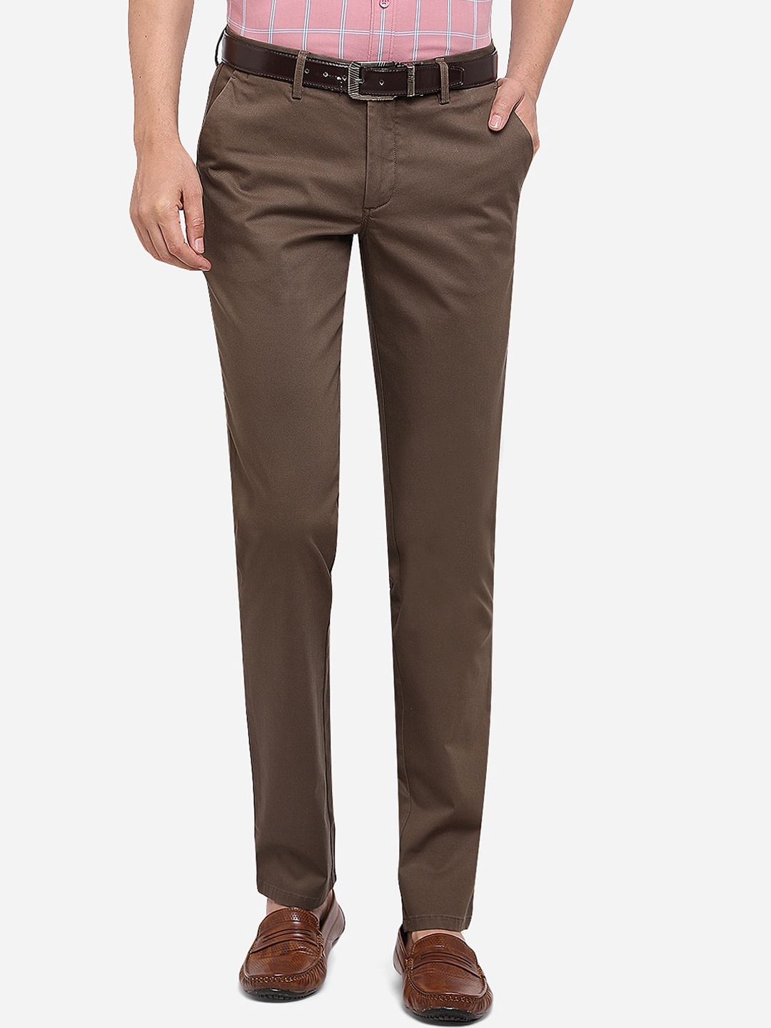 

JADE BLUE Men Brown Slim Fit Solid Pure Cotton Regular Trousers
