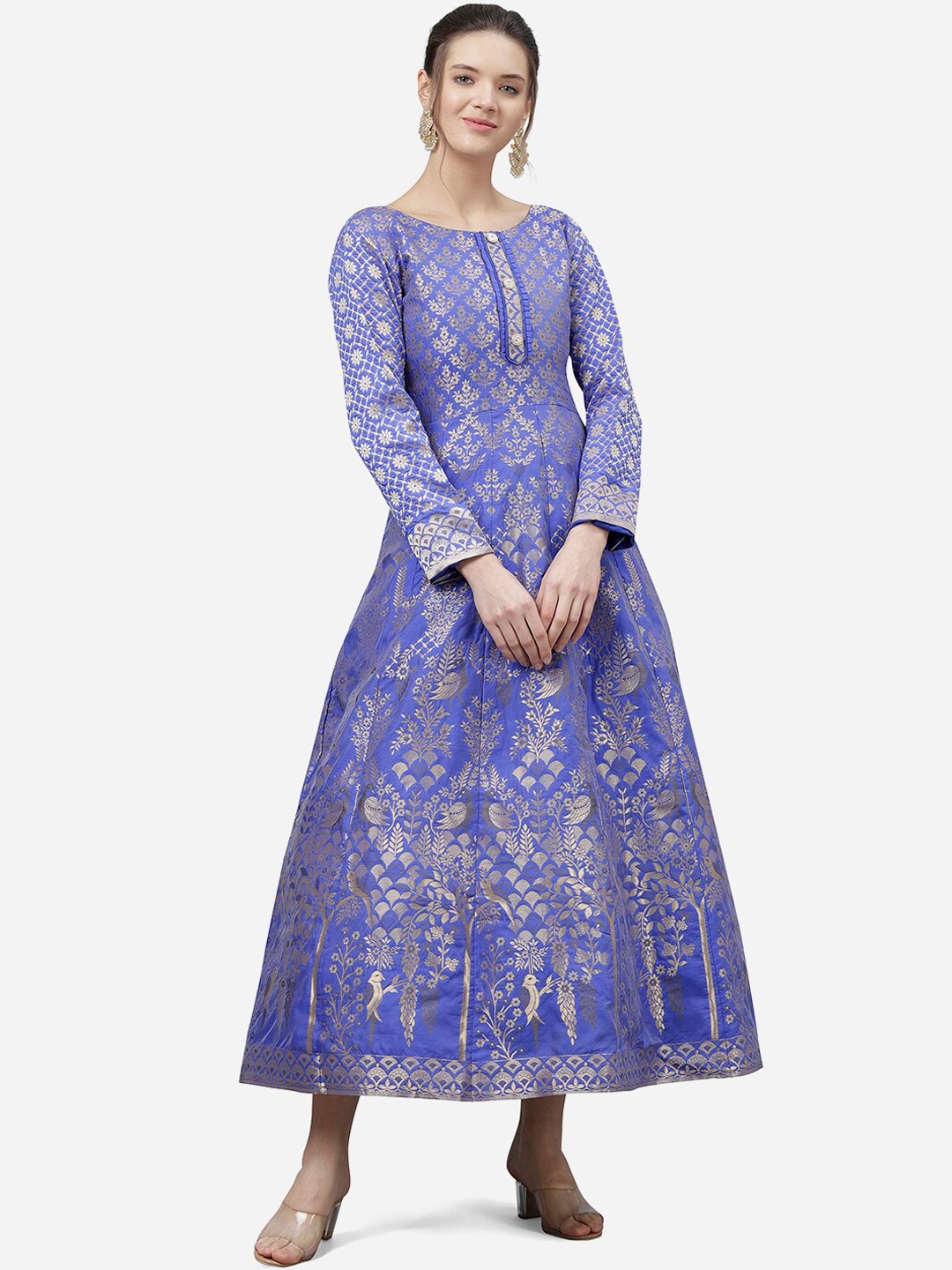 

PURVAJA Women Lavender Printed Semi-Stitched Jacquard Anarkali Gown Dress