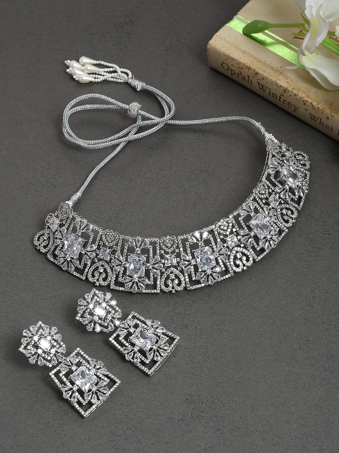 

Silvermerc Designs Silver-Plated Handcrafted White AD-Studded Jewellery Set