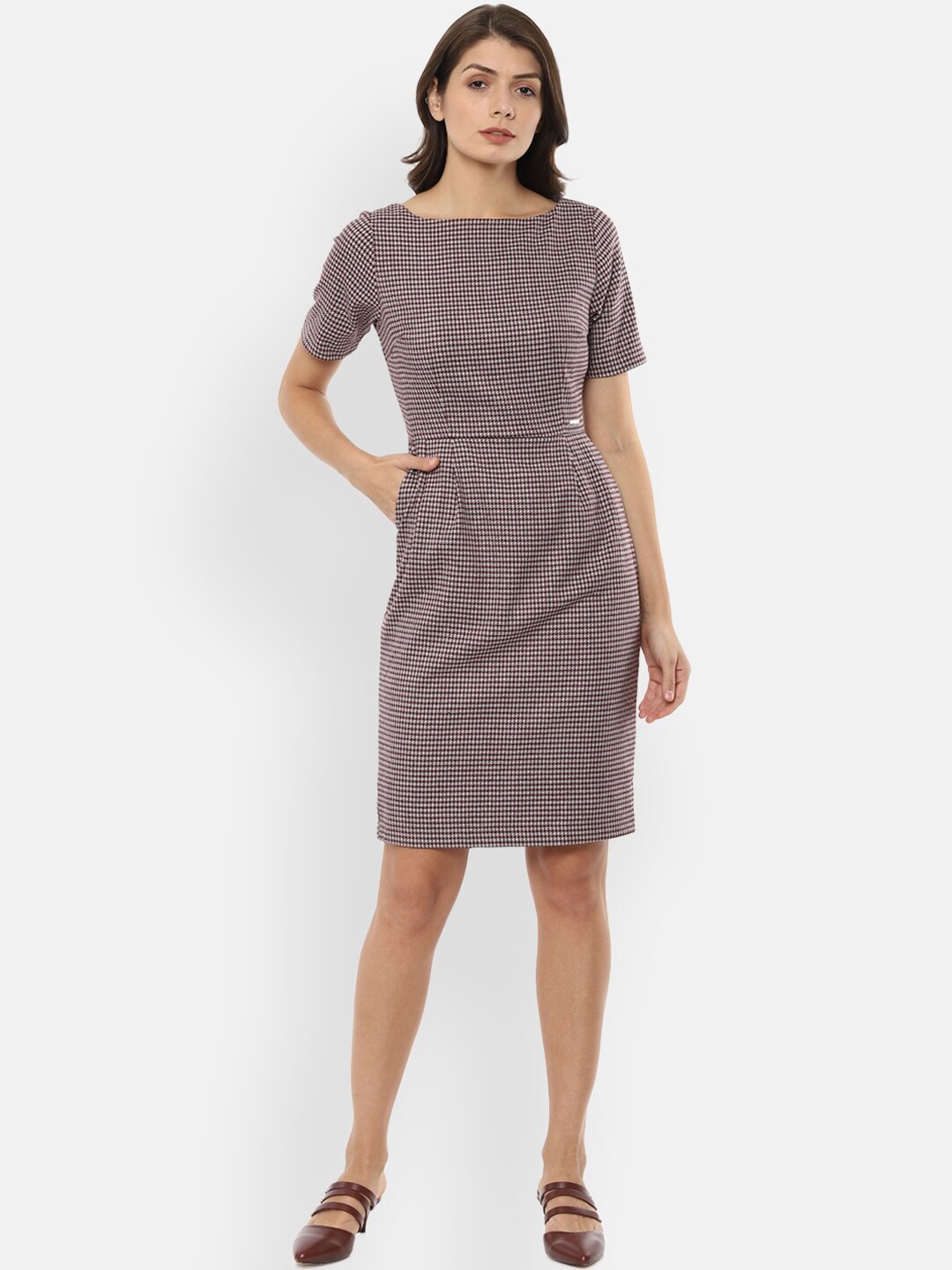 

Van Heusen Woman Maroon Checked Sheath Dress