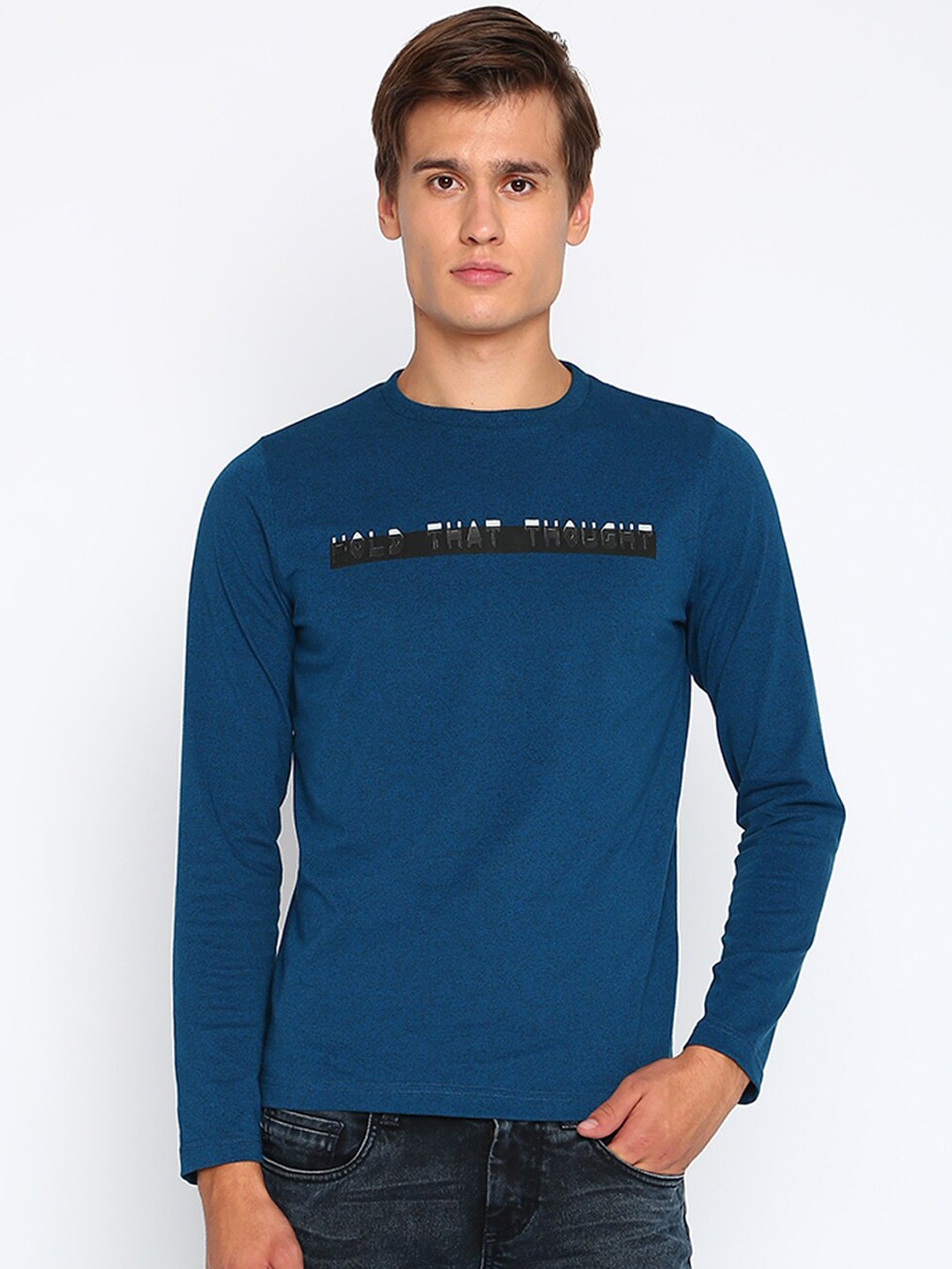 

Basics Men Blue Printed Round Neck T-shirt