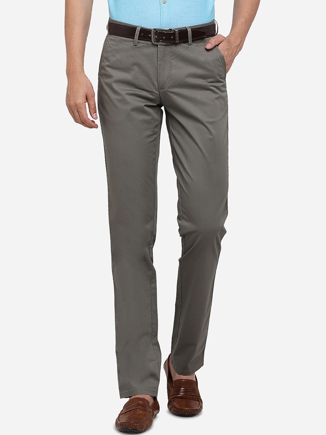 

JADE BLUE Men Grey Slim Fit Solid Cotton Formal Trousers
