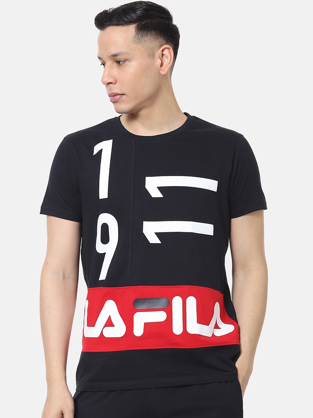 

FILA Men Black & Red Printed Round Neck Cotton T-shirt