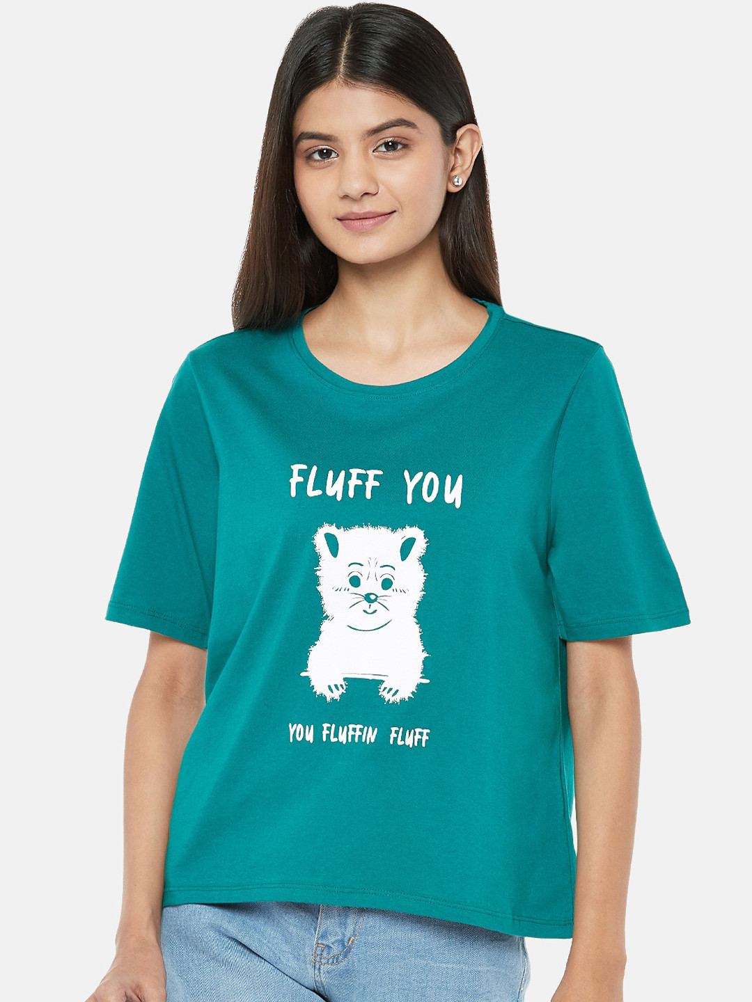 

People Women Teal Printed Round Neck Pure Cotton T-shirt