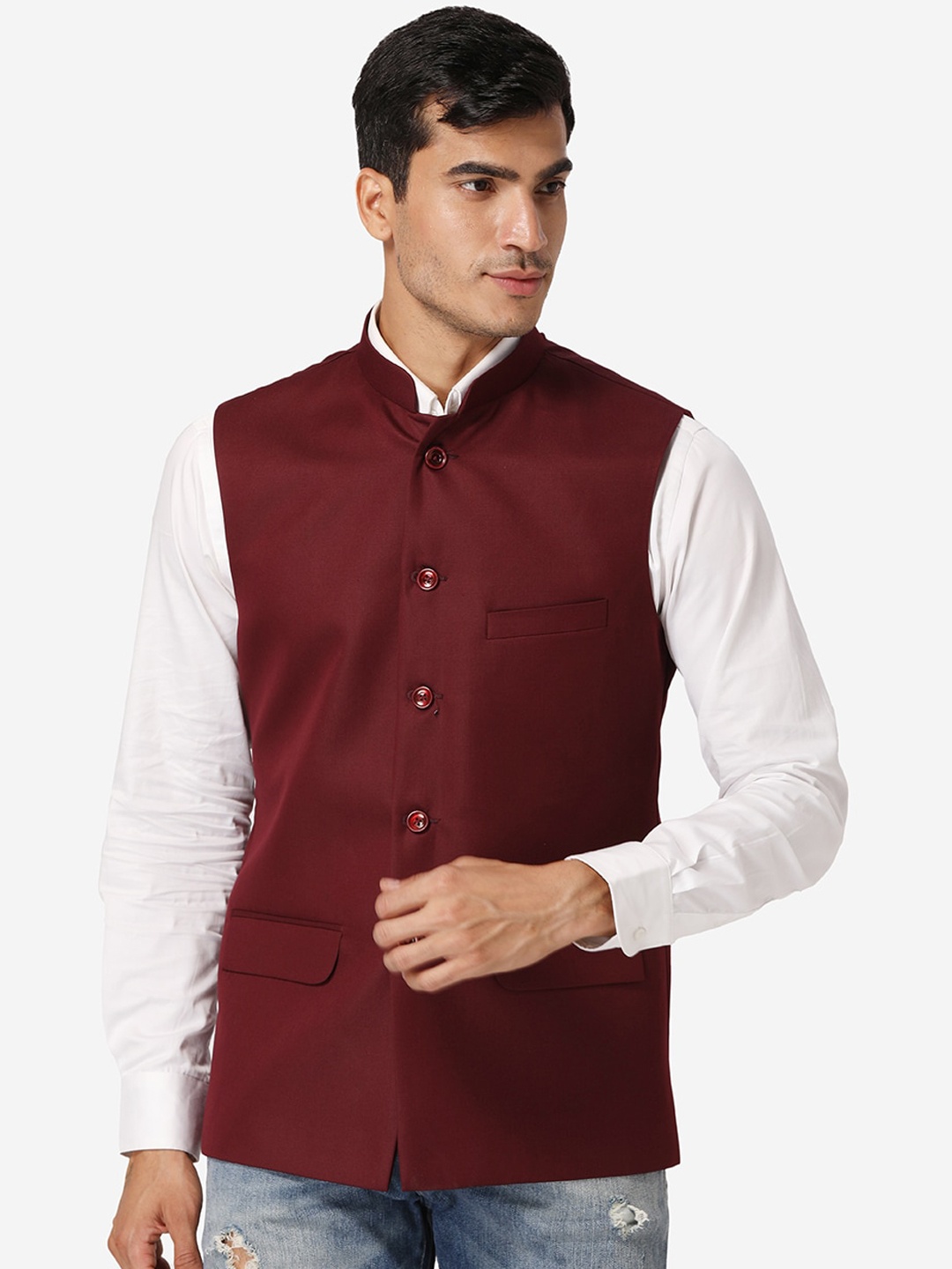

Wintage Men Maroon Solid Nehru Jacket