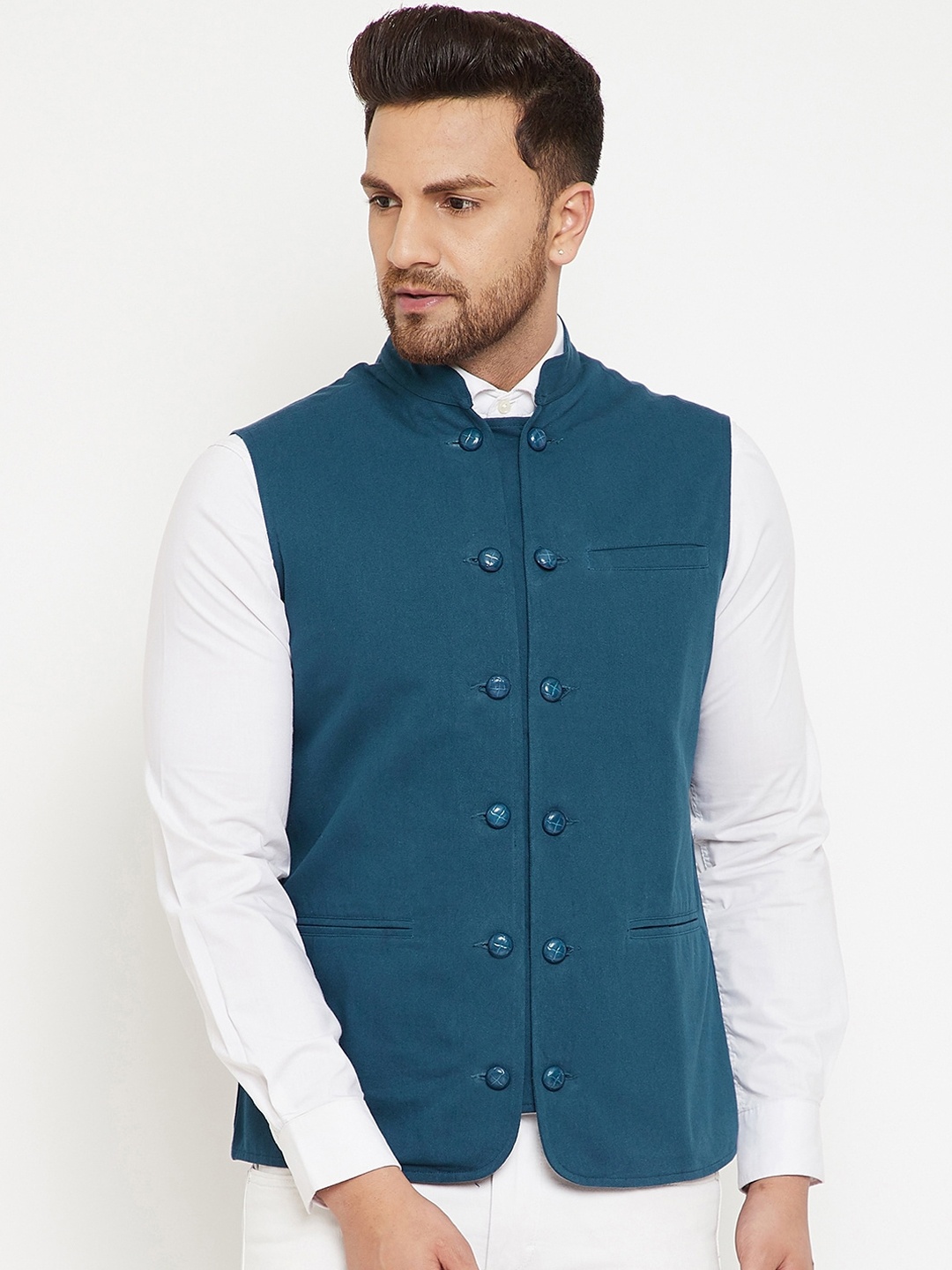 

Hypernation Men Teal Blue Solid Cotton Woven Nehru Jacket