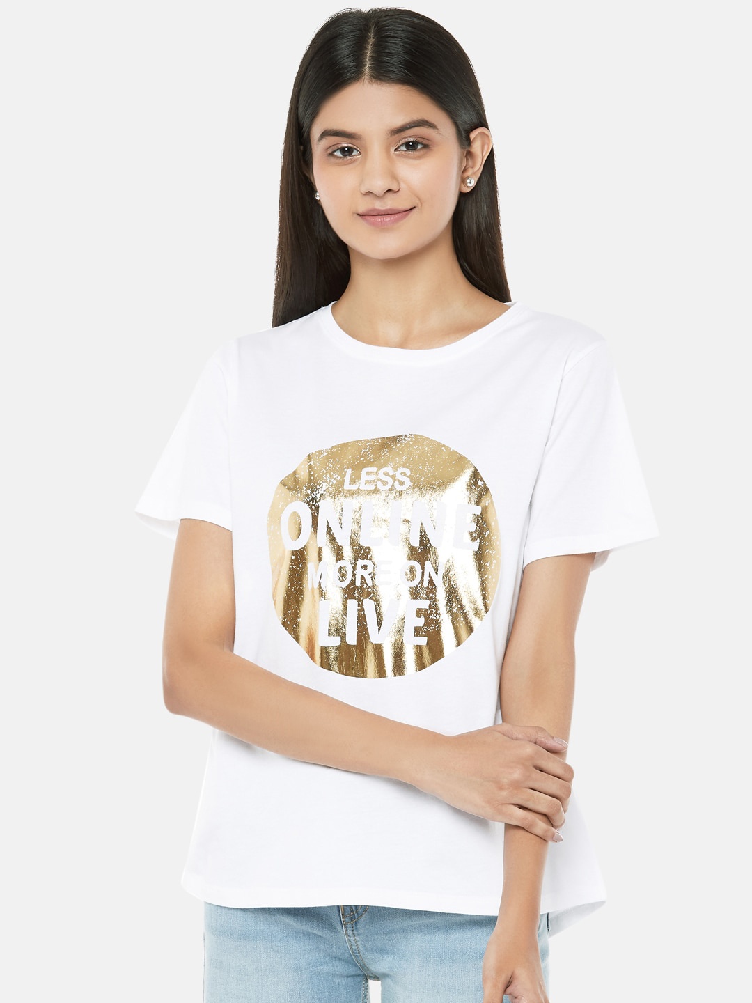 

People Women White Printed Round Neck T-shirt