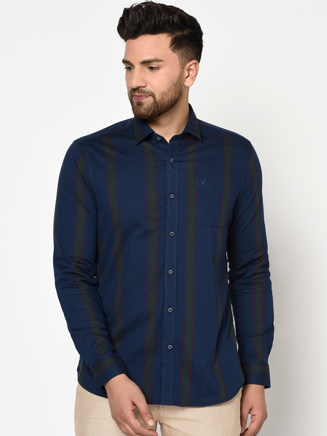 

Blackberrys Men Navy Blue & Green Slim Fit Striped Cotton Casual Shirt