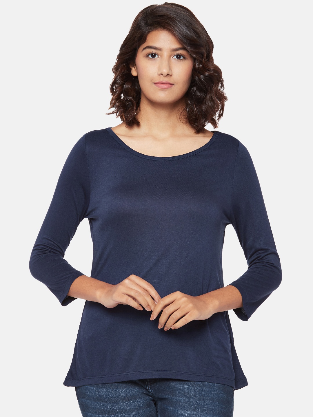 

People Women Navy Blue Solid Boat Neck T-shirt