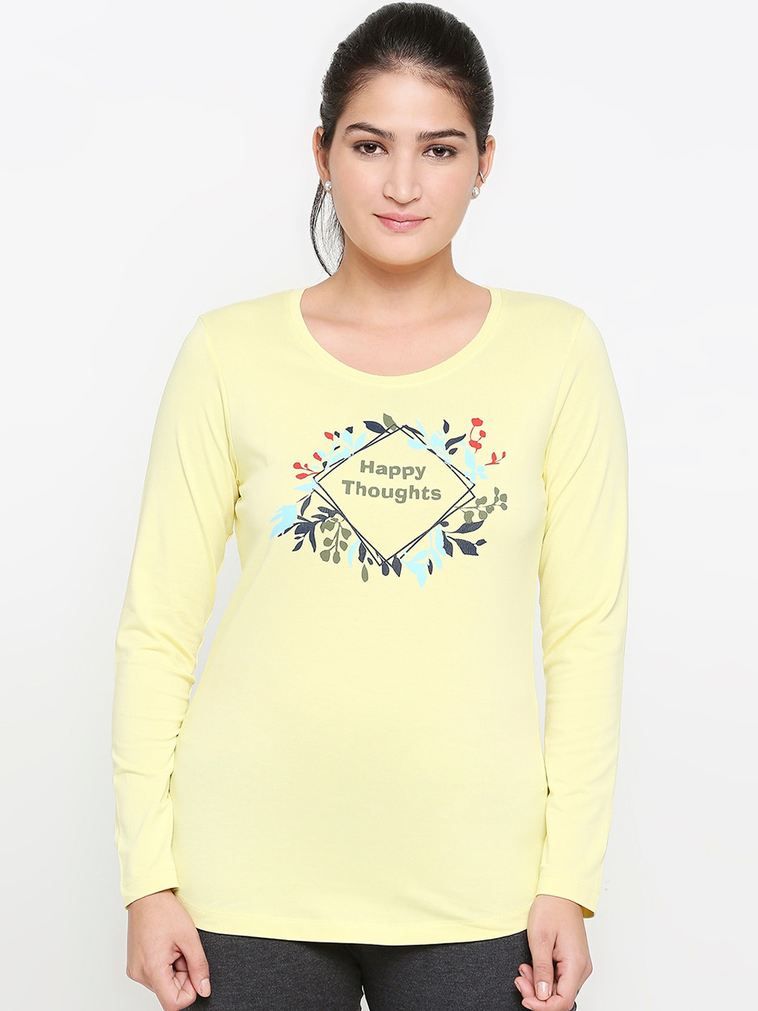 

XIN Women Yellow Floral Printed Round Neck Pure Cotton T-shirt